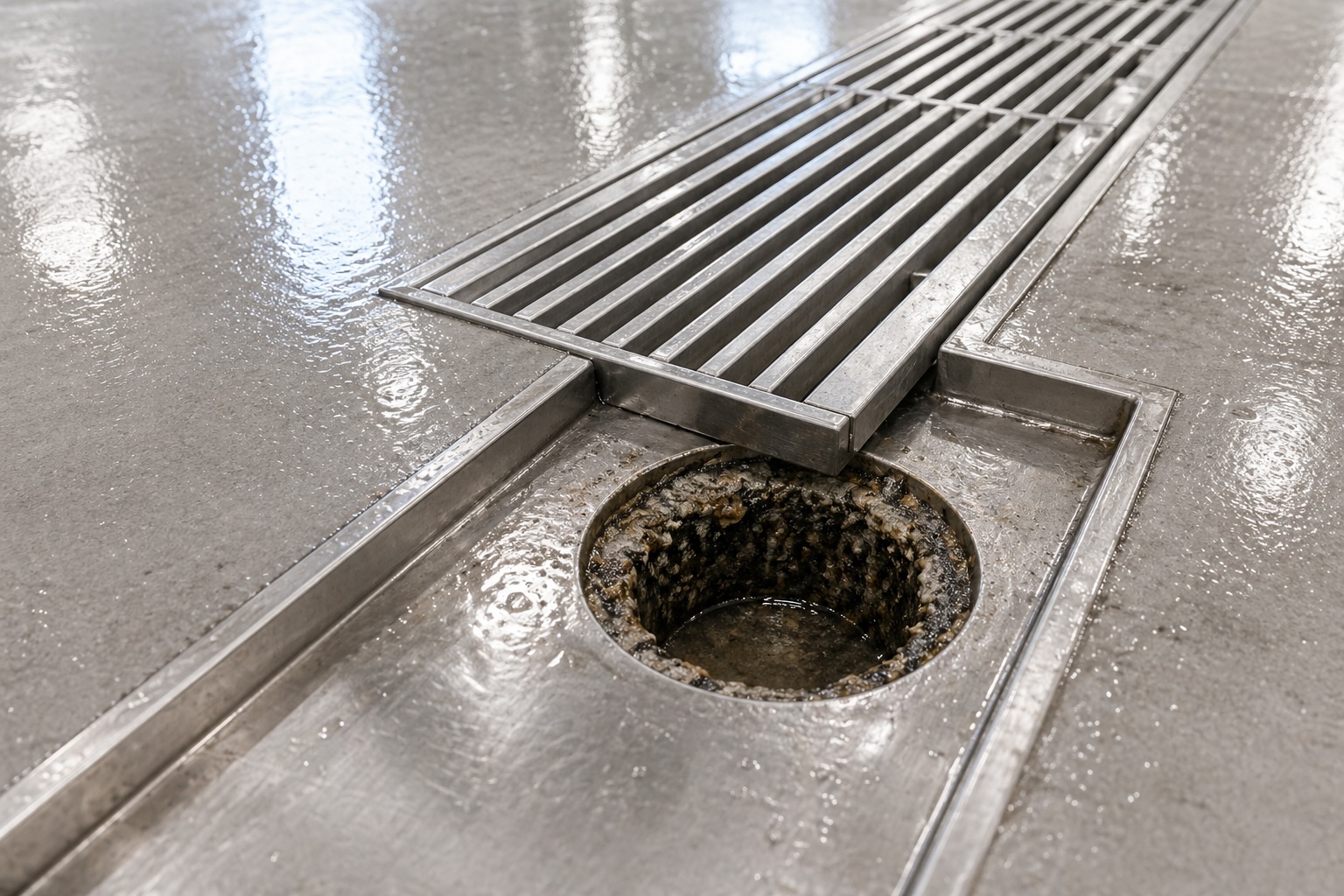 Sanitary drain showing buildup and maintenance concerns