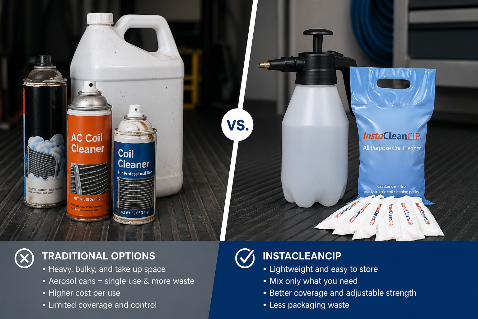 Illustration showing bulky liquid cleaners and aerosol cans versus lightweight powder packs