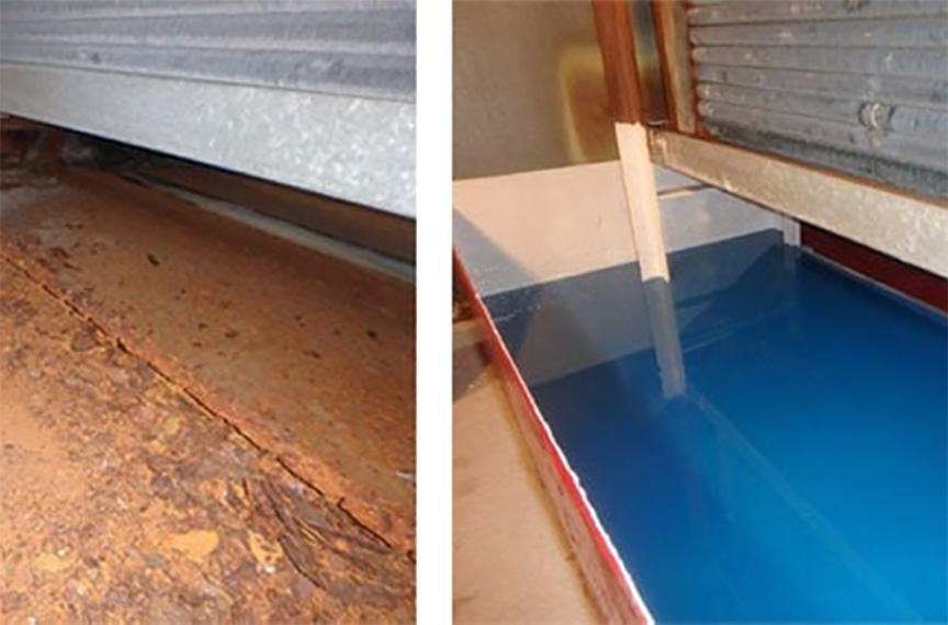 Before and after drain pan restoration with Pancrete