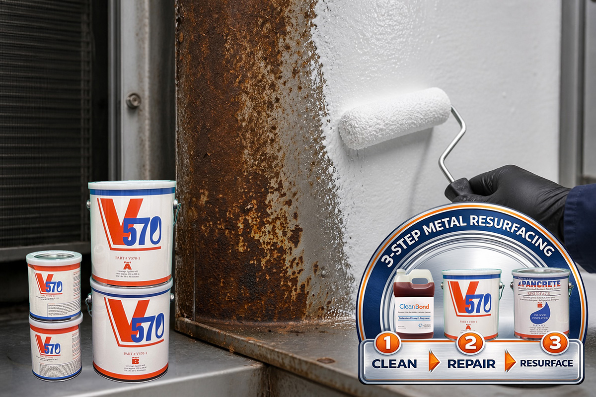 V570 white two-part epoxy repair coating applied to corroded metal