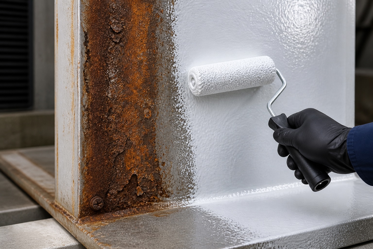 Applying white V570 epoxy coating with a roller to a vertical metal surface