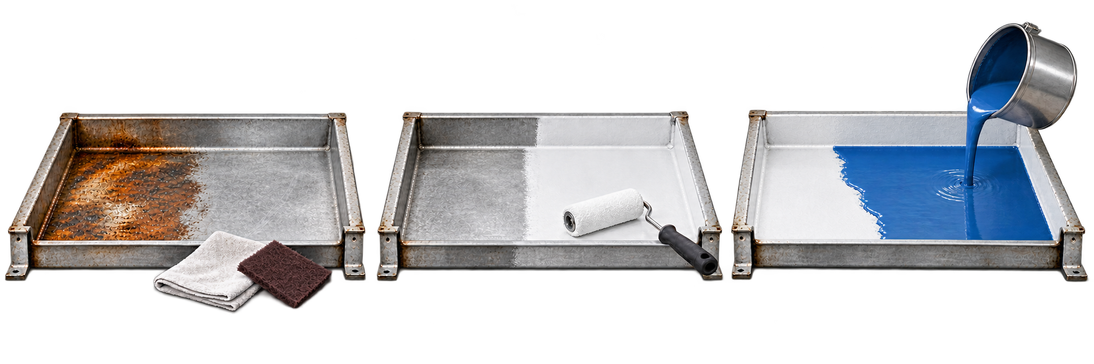 Clean Bond surface preparation, white V570 roll-on coating, and blue Pancrete poured over a white V570 base