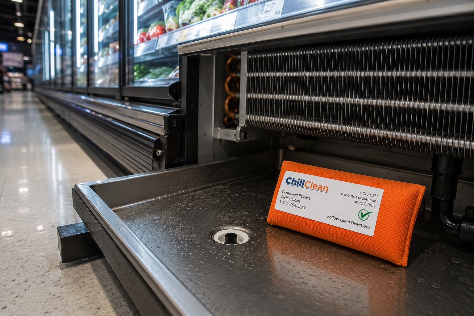 Drain pan treatment placement beneath refrigeration coils
